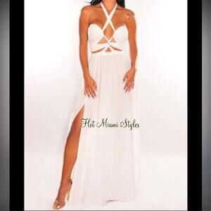 Hot Miami Styles White Halter Sundress with Cutout and Slit